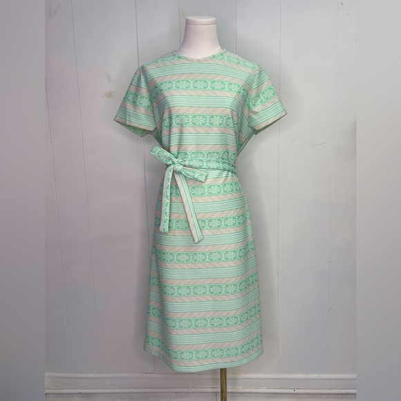 Vintage 1960’s Knit Shift Dress w/ Matching Jacket & Belt Geometric Polyester - Picture 3 of 8